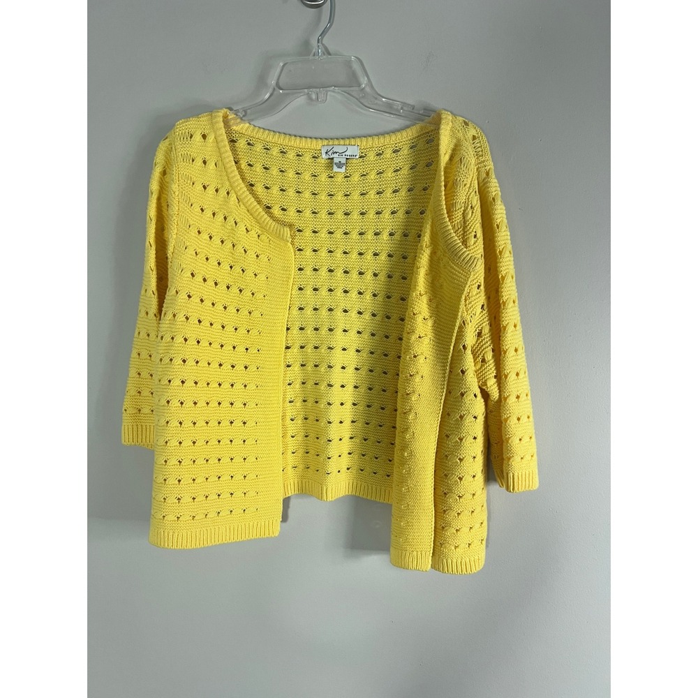 Kim Rogers Womens Yellow Pointelle Knit Open Front Cardigan Sweater Size M